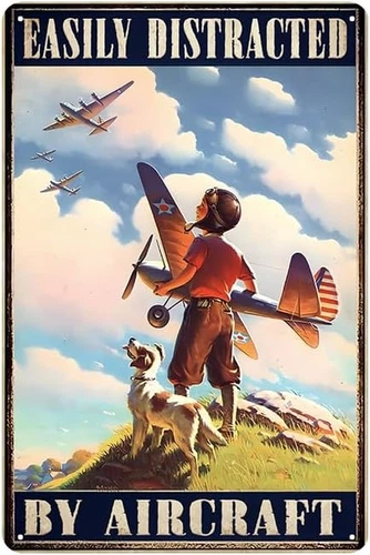 Vintage Airplane Metal Tin Sign Aviation Wall Art Decor Plaque Easily Distracted