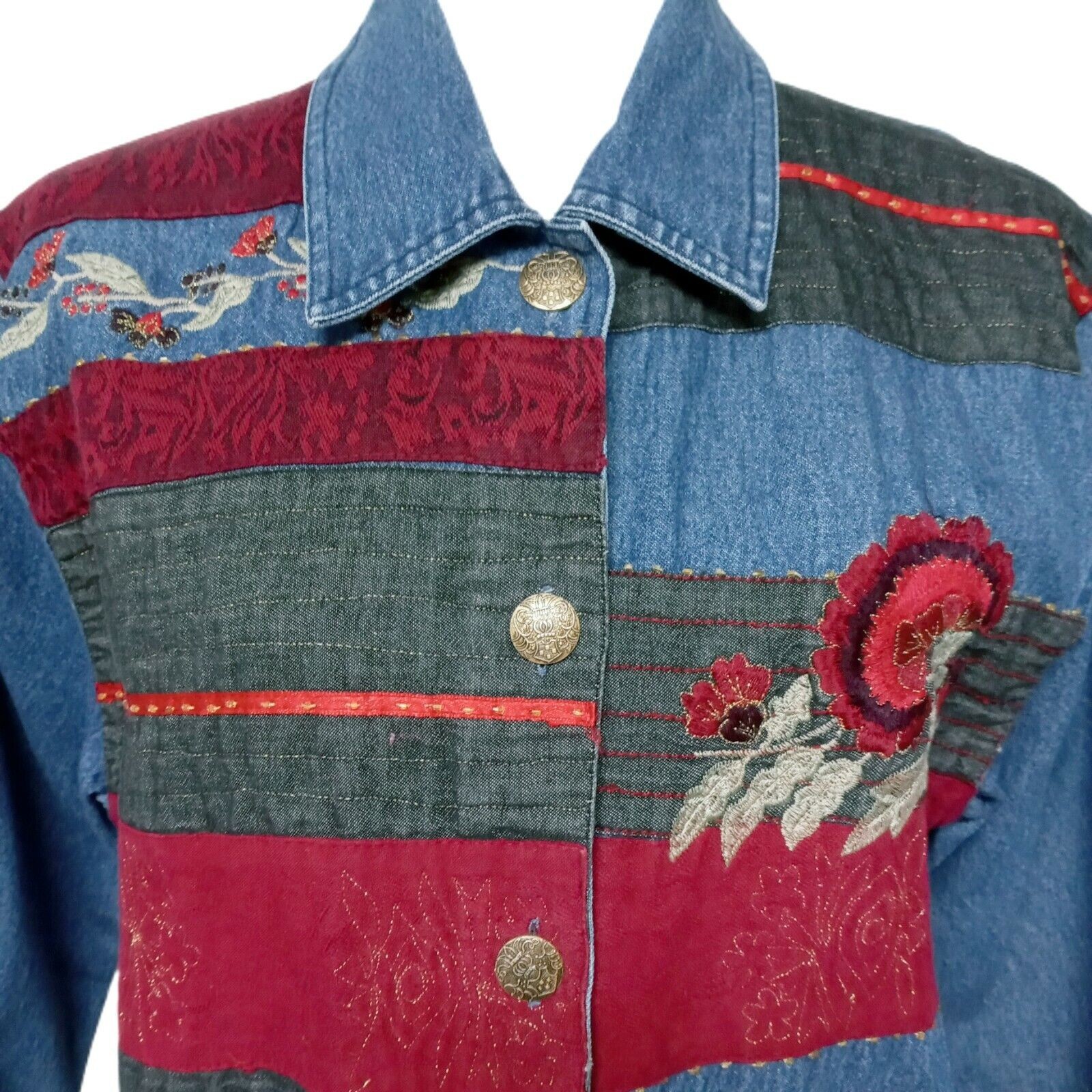 Vintage Patchwork Jean Jacket Blazer Embroidered … - image 4