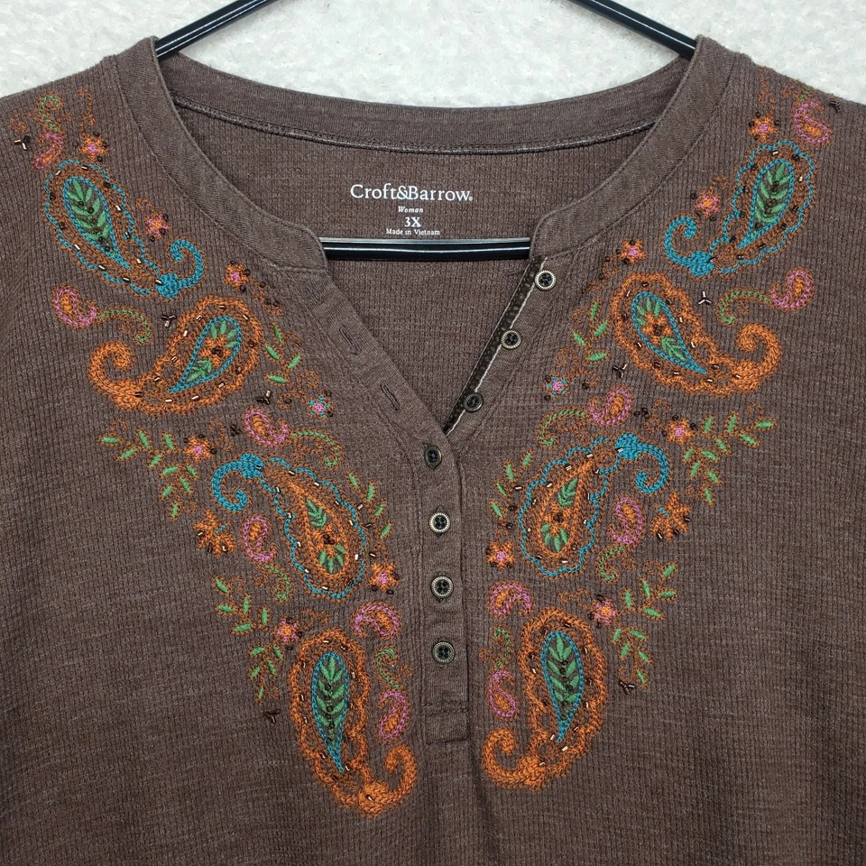 Top térmico bordado para mujer 3XL marrón chocolate Henley tejido gofre boho Foto 2 de 4