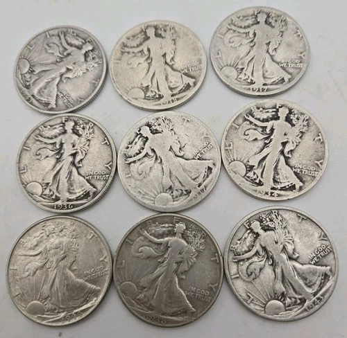 Lot of 9 Liberty Walking Coins with 90% Pure Silver