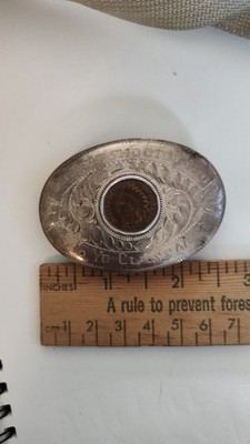Antique Sterling Belt Buckle, 25 g, Trap Shooting Club, 1908 Indian Head Penny 