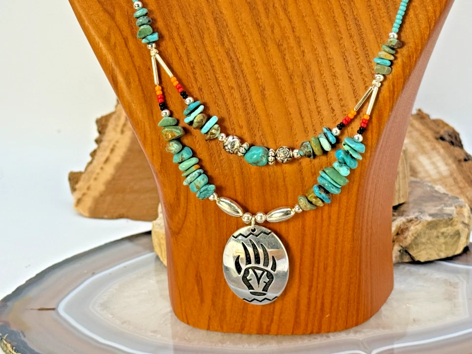 Navajo Native Turquoise Sterling Beaded Necklace Bearclaw Pendant--2303.25 - Image 2 of 4