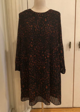 NWT Nine West Black Ocelot Print Pleated LS Dress Sz XXL $68 Value