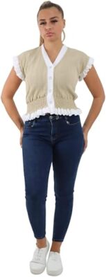Damen Kontrast Crop Stitch Strick Cardigan Damen Rüschenbesatz Flügelärmel Oberteil