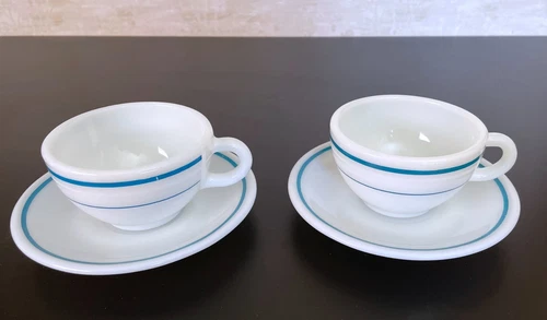 Vintage Pyrex Tableware Cup And Saucer Blue Band Stripe Milk glass 2 Set