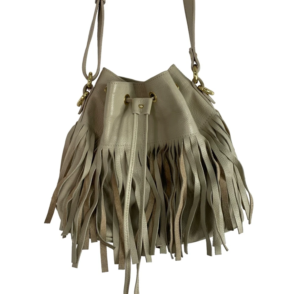 Bolso Bandolera Mujer Alberta de Canio Cuero Flecos Cubo Tostado 6100 Italia Foto 2 de 4