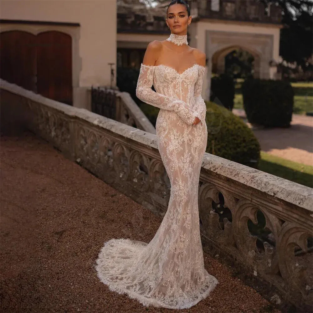 sachin and babi light blue dress High Neck Sheath/Column Backless Lace Boho Wedding Dress with Long Tra –  Angrila main image 1