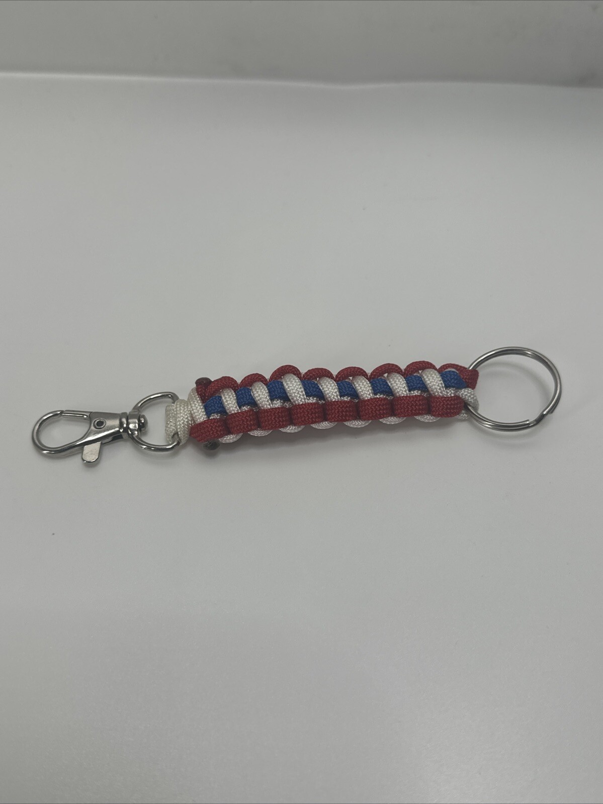 Red White And Blue Paracord Keychain Handmade USA with Ring and Lobster Clasp