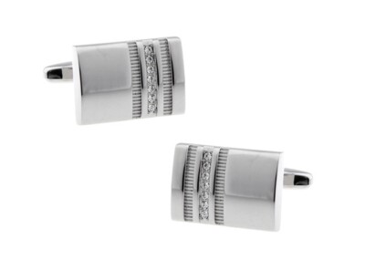 Silver Grooves Cufflinks Swiss Crystals Stripe Silver Designer Clear Crystal