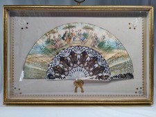 Antique FRENCH HAND PAINTED paper FAN ETCHED MOTHER OF PEARL 1800s