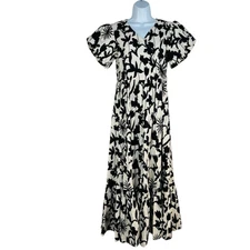 IVY CITY Mila Maxi Dress S Black White Cottagecore Babydoll Balloon Sleeve