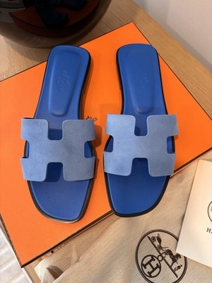 Hermes Oran Women's Bleu Cameo Velvet And Goatskin Sandals Size 6/36 New In Box