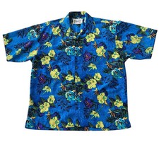 Vintage Hawaiian Style Blue Floral Button-Up Shirt Men's Size M