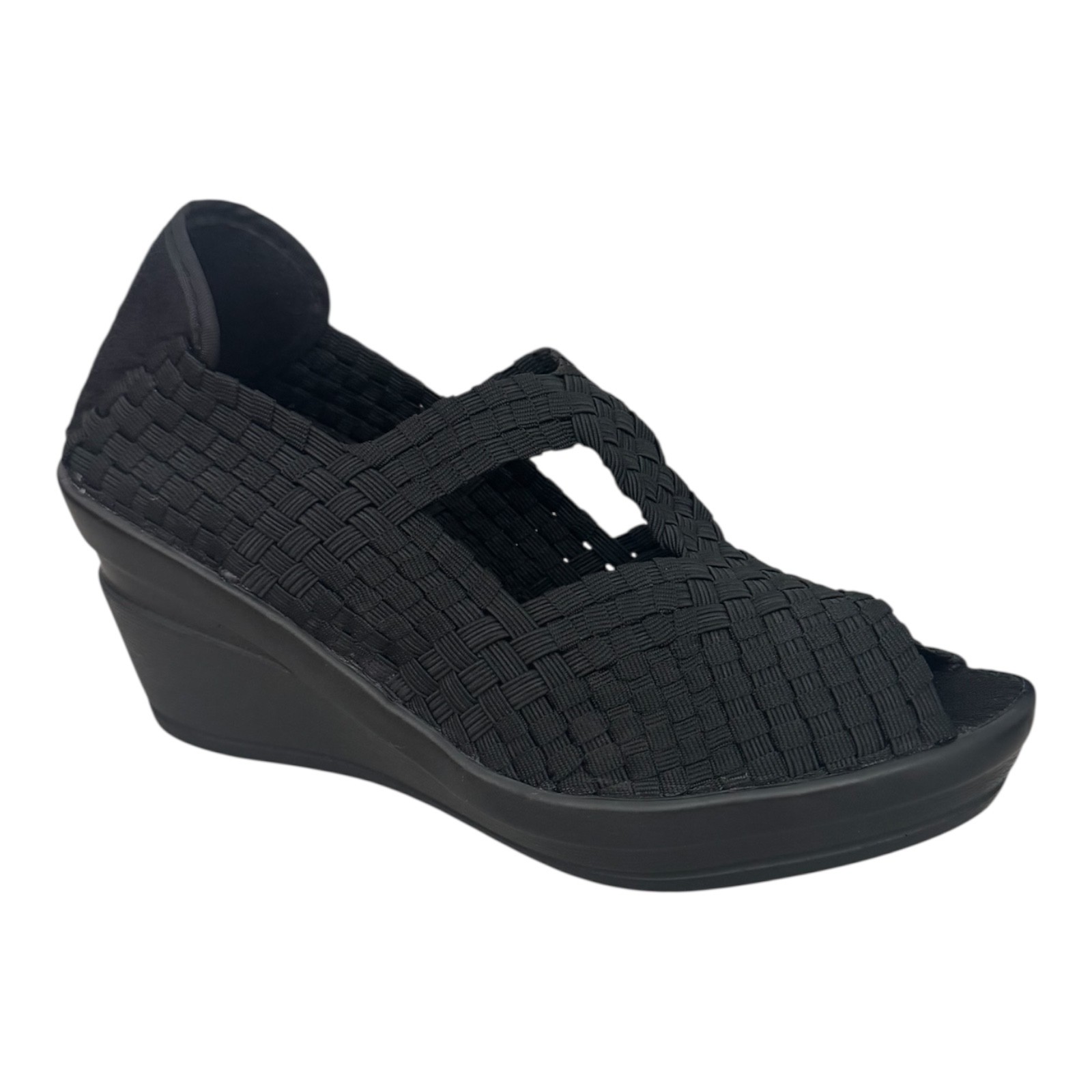 Bernie Mev Yvone Black Woven Elastic Wedge sandals Comfort Slip-On Peep Toe NWT