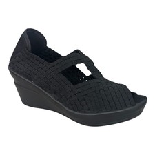 Bernie Mev Yvone Black Woven Elastic Wedge sandals Comfort Slip-On Peep Toe NWB