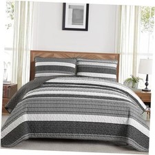 Quilt Set Size Gray and Black and White 3 Pieces - Grey Queen Grey Striped