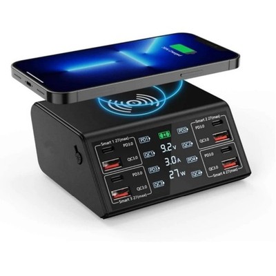 US 100W 8 Port Multi USB-C PD QC3.0 Fast Charger Phone Wireless Charging Station