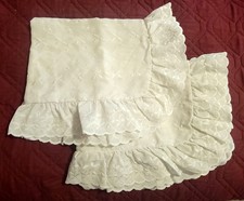 Set of 2 Two Vintage White Pillow Shams w/ Eyelet Lace Embroidered Ruffle Case