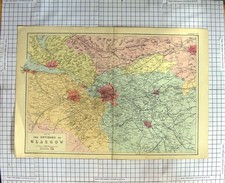 Original Old Antique Print Map C1790-C1900 Environs Glasgow Scotland 18th
