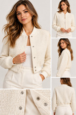 Jason Wu Women's Medium Ivory Tweed Boucle Cropped Bomber Jacket Snap Front