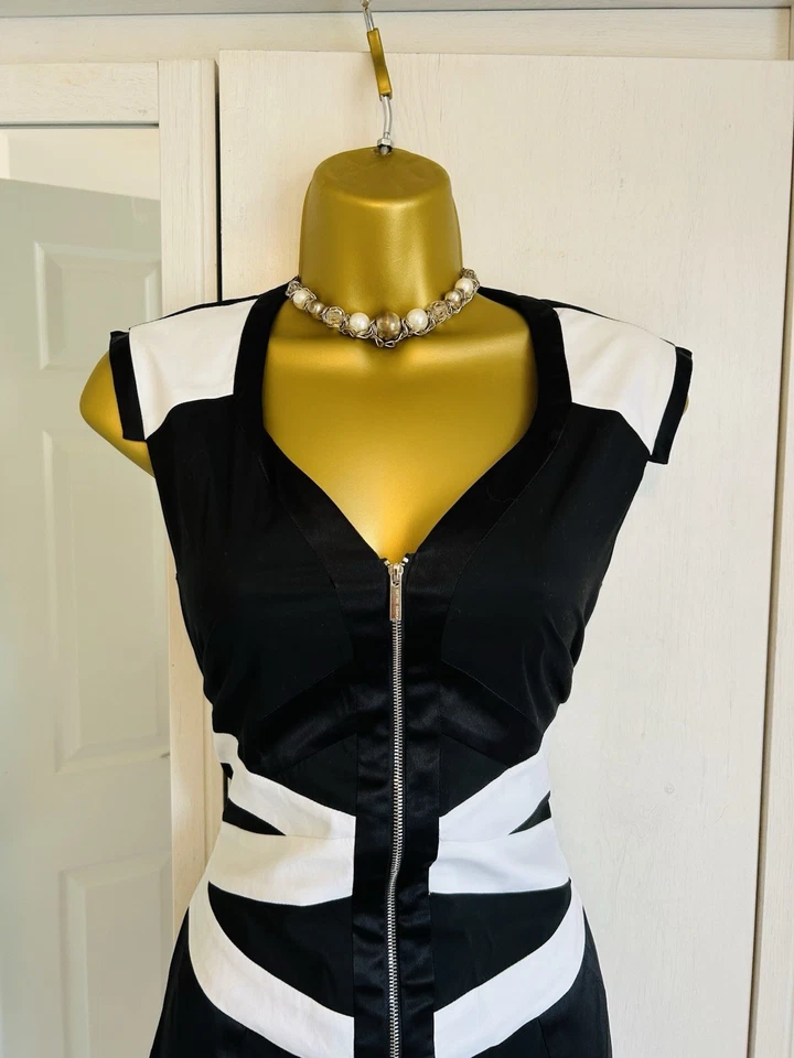 Karen Millen Vintage Black White Cotton Silk Zip Contour Fitted Dress UK 14 - Image 3 of 4