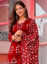 3 PCS Printed Red Kurta Pant Dupatta Set For Women Pure Cotton Gift Bandhej