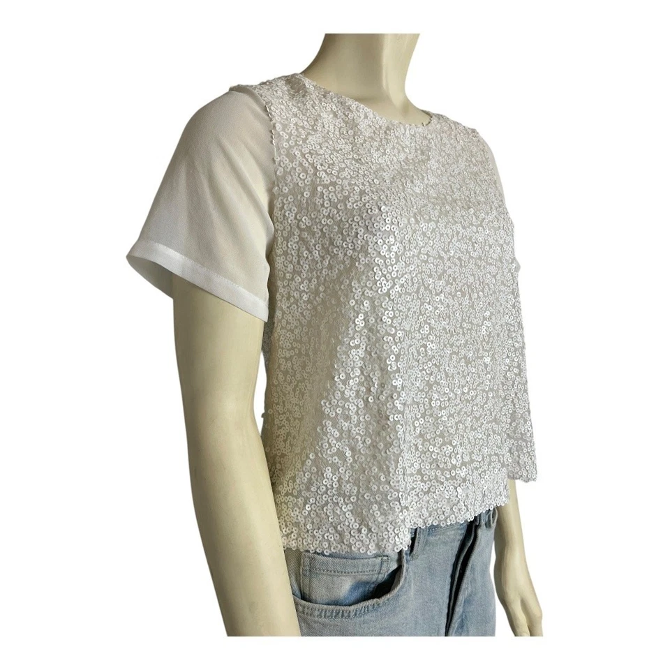 TopShop White Sequined Top Womens Blouse Shirt 2 Casual Summer Cute Brunch  - Image 2 of 4