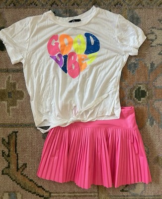 Flowers By Zoe FBZ Girls Pleated Skirt Set Neon Skirt Good Vibes Tee M/L NWOT