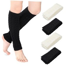 4 Pairs Cable Knit Leg Warmers Women Winter Knitted Crochet Knee Black, White
