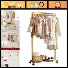 Heavy-Duty Clothing Rack with Storage Shelf Casters, Easy Assembly, Gold, 28"x
