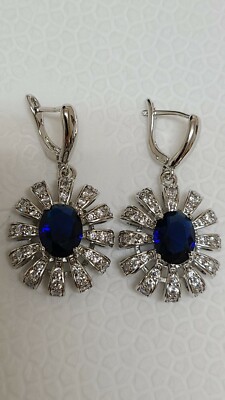 Saphir & CZ Ohrhänger ovale Form filigran Sterlingsilber Hebelverschluss