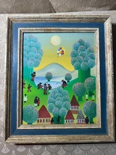 Vintage Primitive/Folk Art "Landscape With Figures" Oil Painting - Signed/Framed