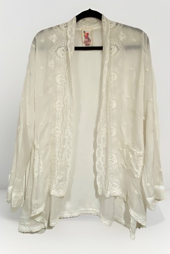 VTG 70-80s Johnny Was Ivory Embroidery & Lace Kimono Beach Wrap Size-M