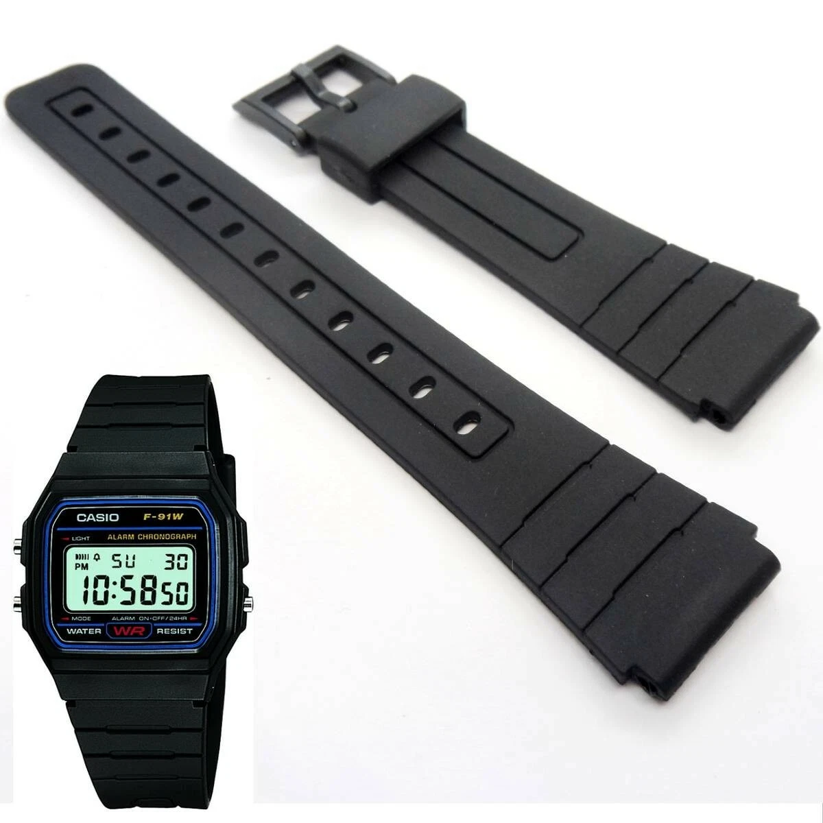 Black Resin Watch Strap For CASIO F-91 F-91W F105 18mm Rubber Replacement  Band