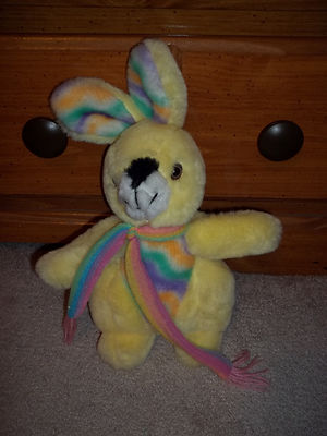 Vintage Happy Mates Yellow Rabbit Plush with Rainbow Scarf Easter Bunny Plush
