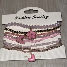 Pink Flower Butterfly Heart Gold Tone Beaded Elastic Girl Jewelry Bracelet