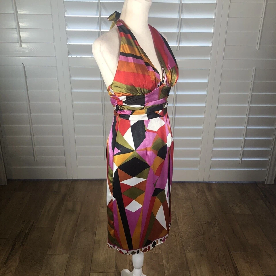 复古 90 年代橡胶鸭吊带连衣裙女式 S 码粉色紫色缎面几何图案 — 第 2/4 张图片