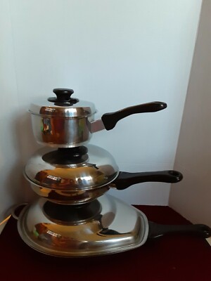 Vtg 6 pc Fissler waffle Novogrill Stainless Steel Skillet W/Vented Lid Saucepan