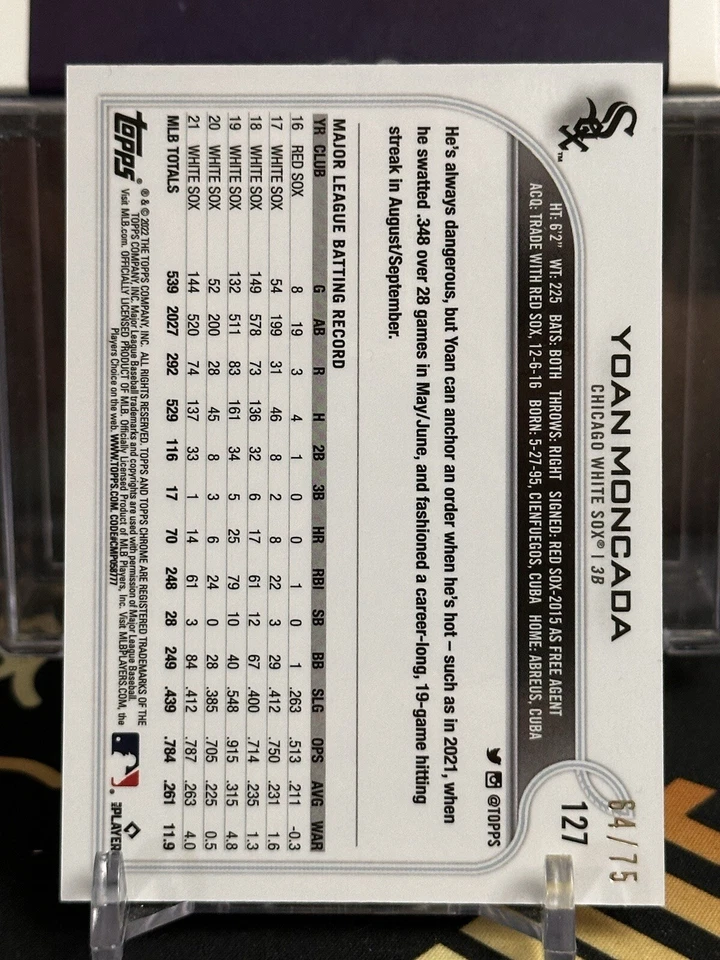 2022 Topps Chrome Ben Baller Edition Blue Refractor /75 Yoan Moncada #127 - Image 2 of 2