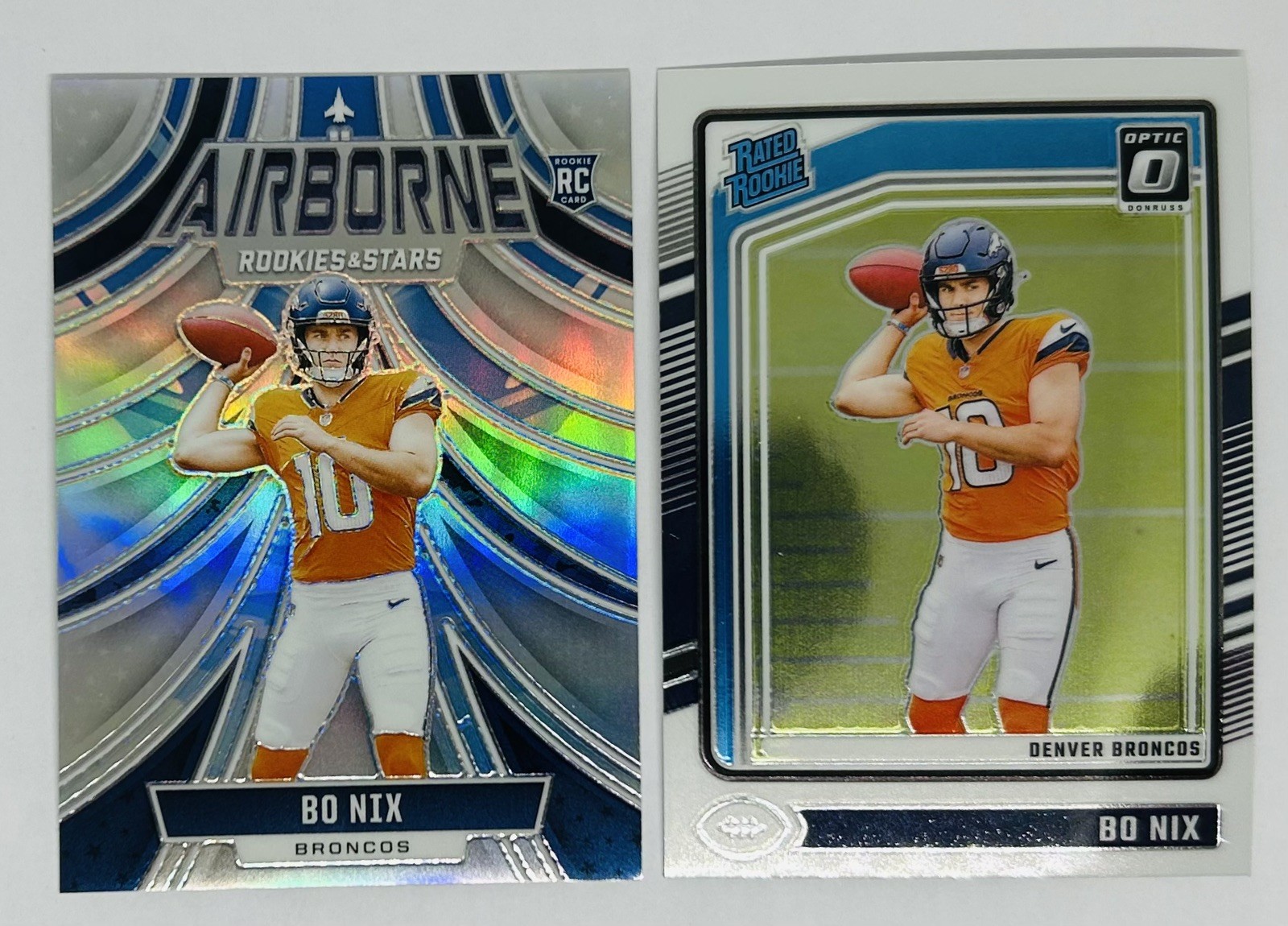 Bo Nix 2024 Optic Rated Rookie #209 and Rookie & Stars Silver Airborne #A-BNX
