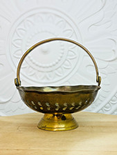 Vintage Solid Brass Pierced Basket India Pedestal Candy Dish Folding Handle