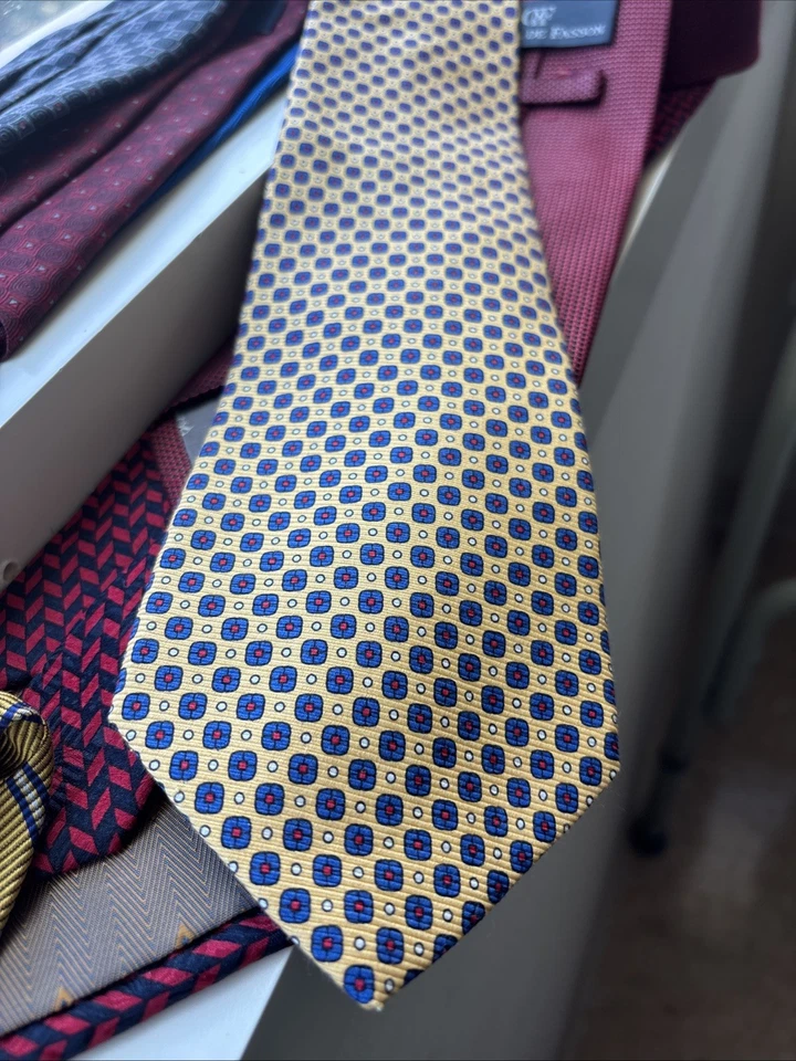 Lunares geométricos LAUREN RALPH LAUREN amarillo azul rojo 3,75 pulgadas CORBATA HOMBRE SEDA Foto 3 de 4