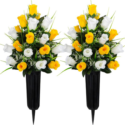 2 Sets Artificial Cemetery Flowers, Grave Decorations Roses, Memorial Flowers