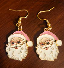 Santa Claus Dangle/Drop Hook Earrings Gold Tone White Pink Enamel Holiday