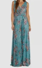 R&M Richards Women's Blue Metallic Sleeveless Floral-Print Gown Dress Size 14