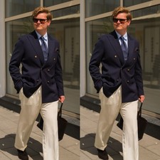 Navy Blue Men's Suits Double Breasted Formal Business Wedding Groom Tuxedo 2pcs