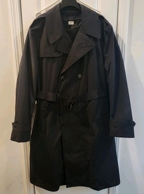 Vtg US Army All Weather Coat Mens 41L Black Trench Belted AWC DSCP 90s Zip Lined