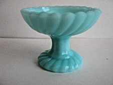 FRENCH BLUE MILK GLASS PEDESTAL OPEN SALT CELLAR in SWIRL DESIGN, c1910