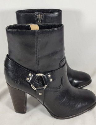 Frye Laurie Harness Boots Womens 5.5 M Black Leather Zippered Booties Shoes Heel