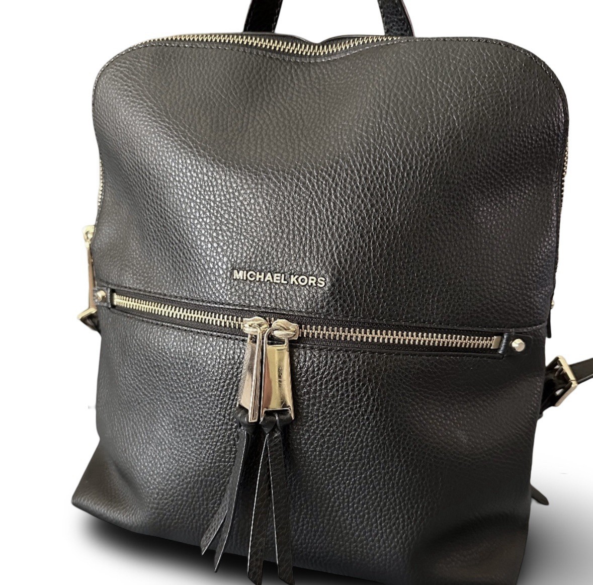 Michael Kors Rhea Pebbled Leather Zip Medium Slim Backpack (Black/Gold Hardware) Michael Michael Kors Rhea Pebbled Leather Zip Medium Slim  main image 3